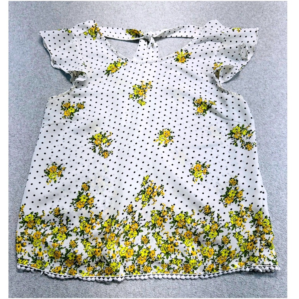 Twine & String Womens M Floral Polka Dot Ruffle Sleeve Blouse Pom Pom Trim Boho
